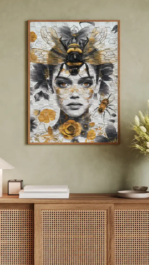Melissa-Bloom-wool-wall-art-yellow-living-frame-wood-CSrugs-X-Paul-Raats-576x1024