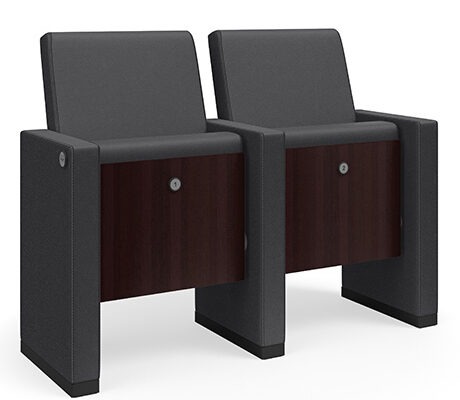 03-G20-Auditorium-Chair-with-dark-gray-upholstery-and-dark-wood-seat-panels-with-seat-number-and-row-letters-for-performing-arts-venues